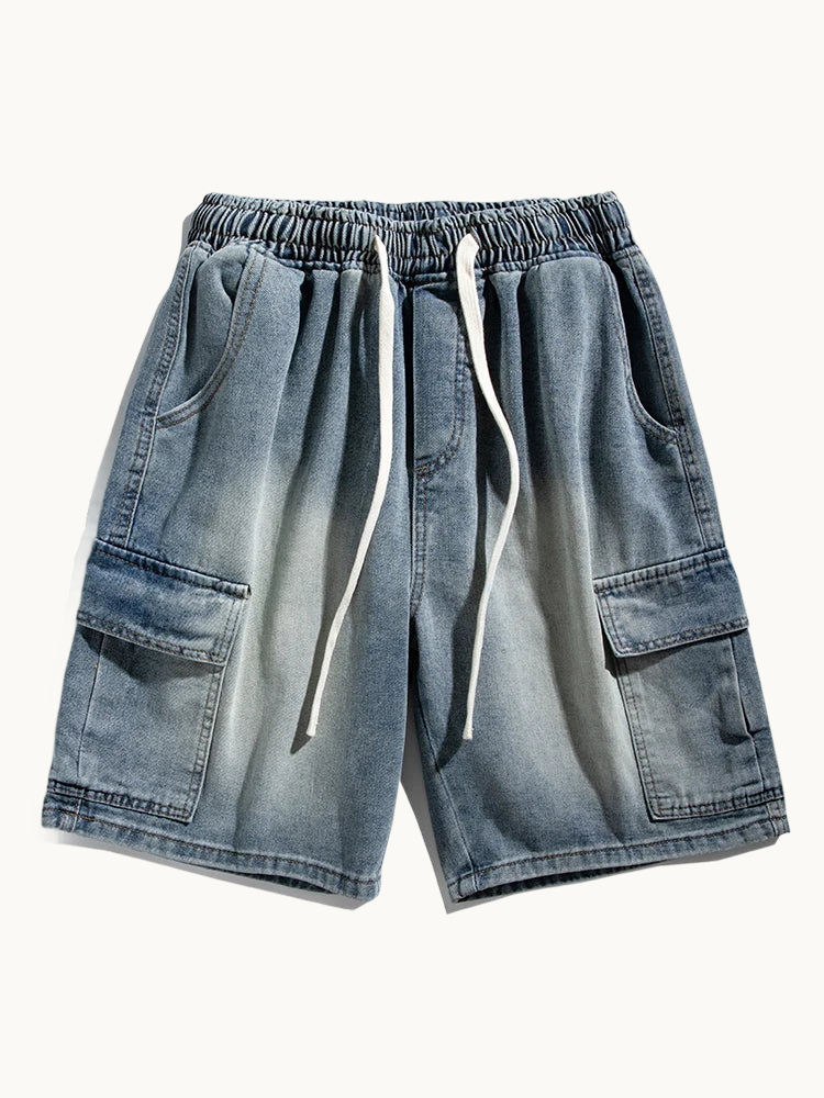 a pair of blue shorts with a drawstring on the side