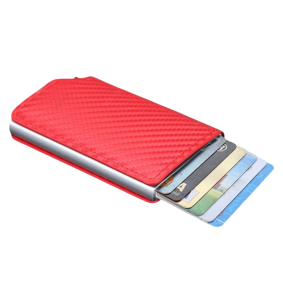 a red wallet with four credit cards in it