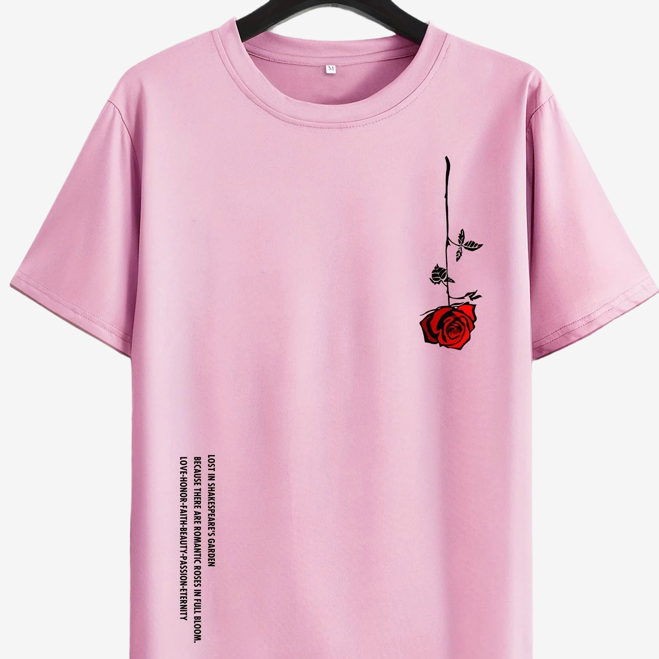 a pink t - shirt with a rose on it