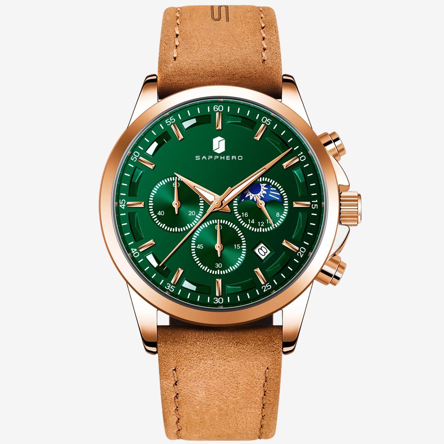 a close up of a watch on a white background