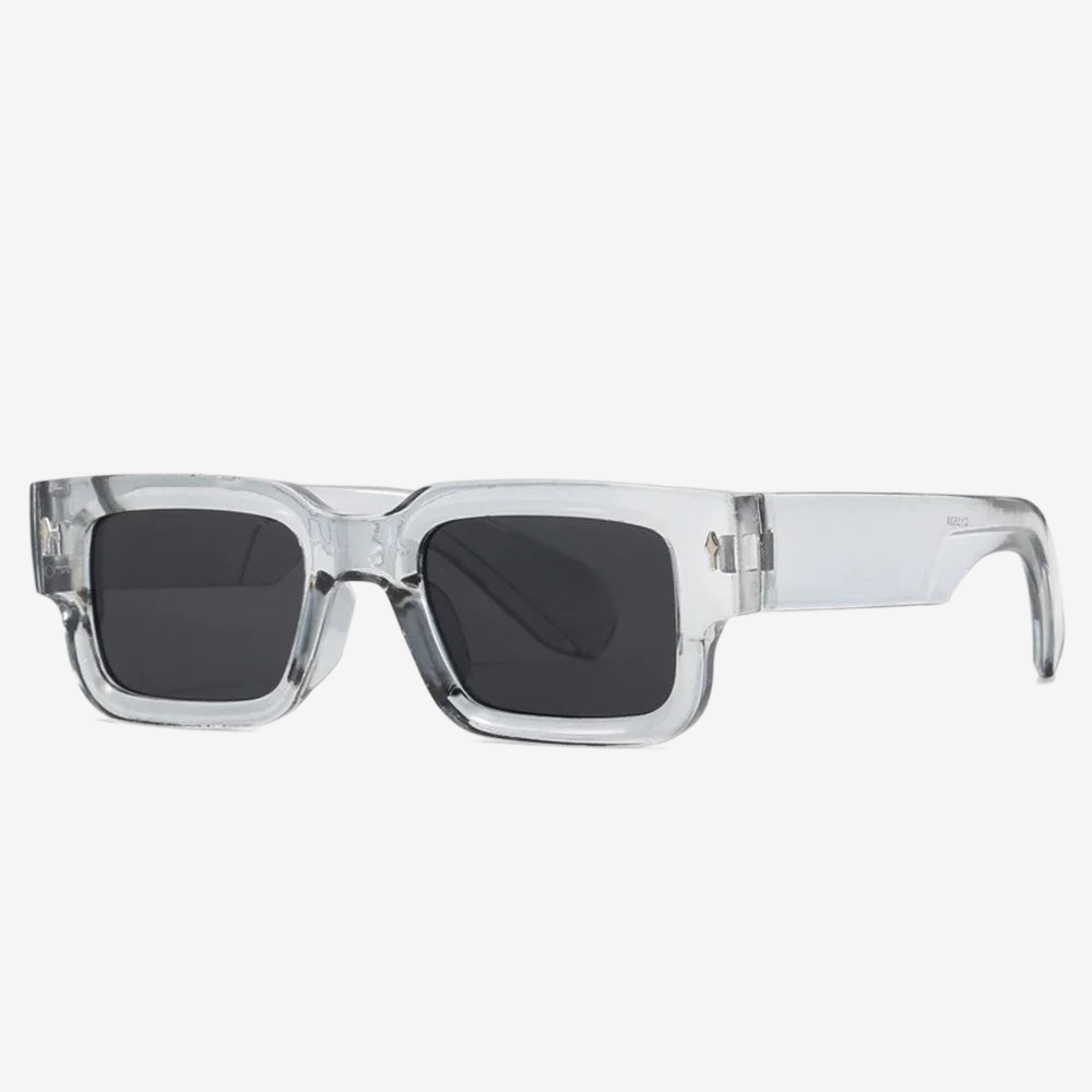 a pair of clear sunglasses with black lenses