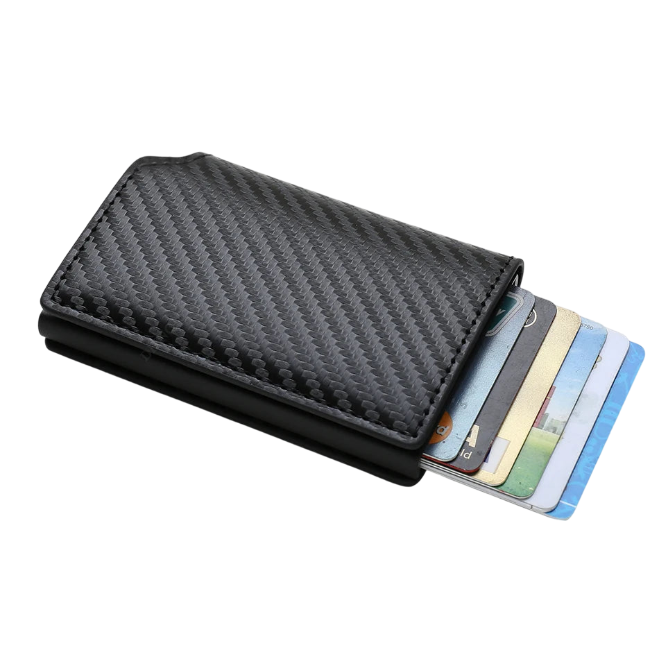 a black leather wallet with a credit card holder