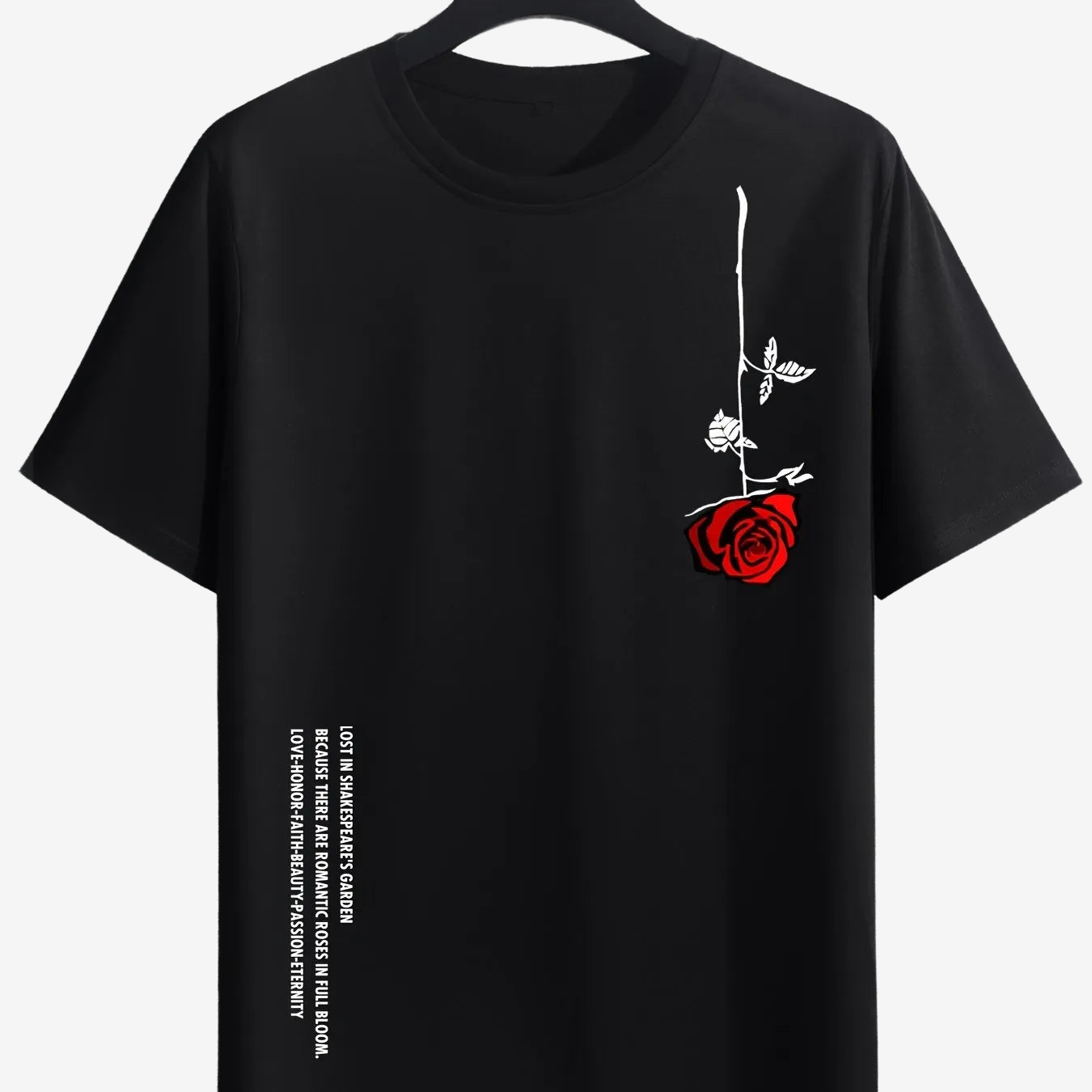 a black t - shirt with a red rose on it