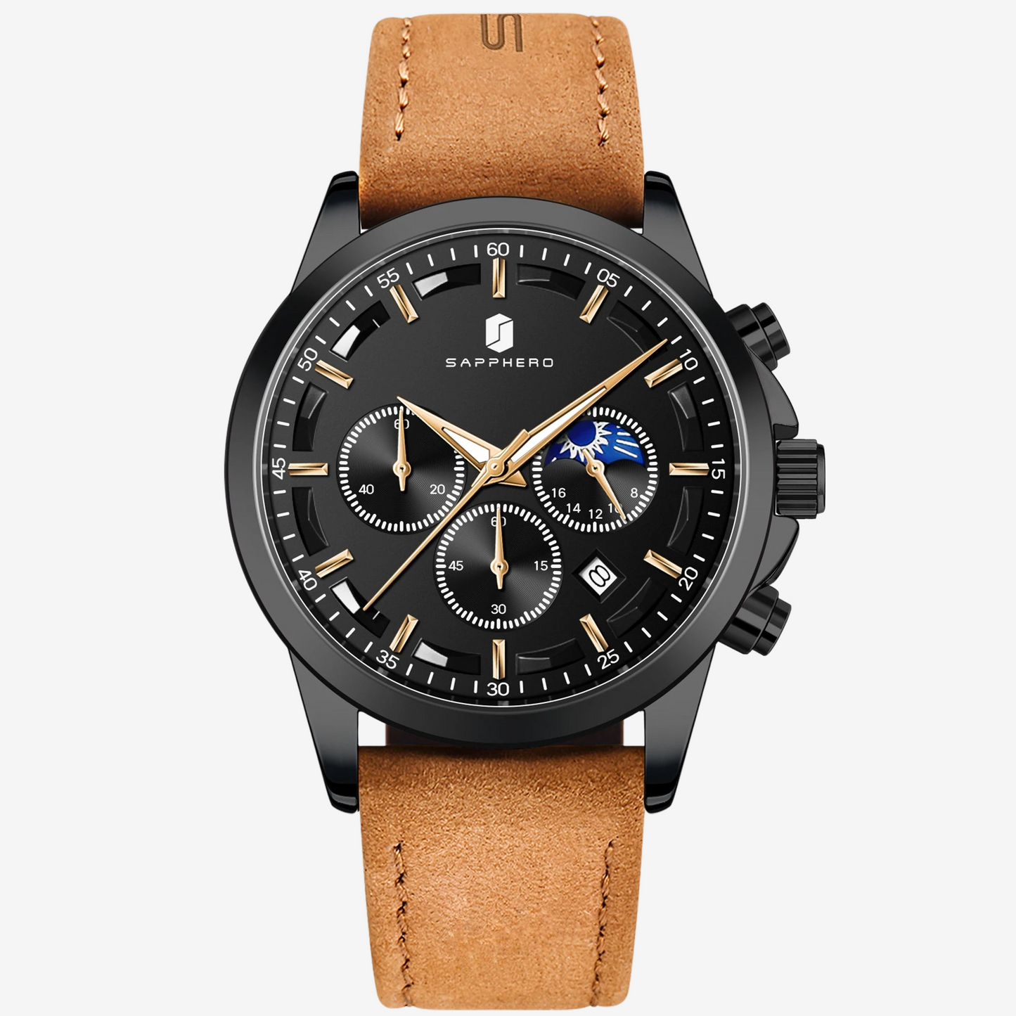 a black watch with a brown leather strap