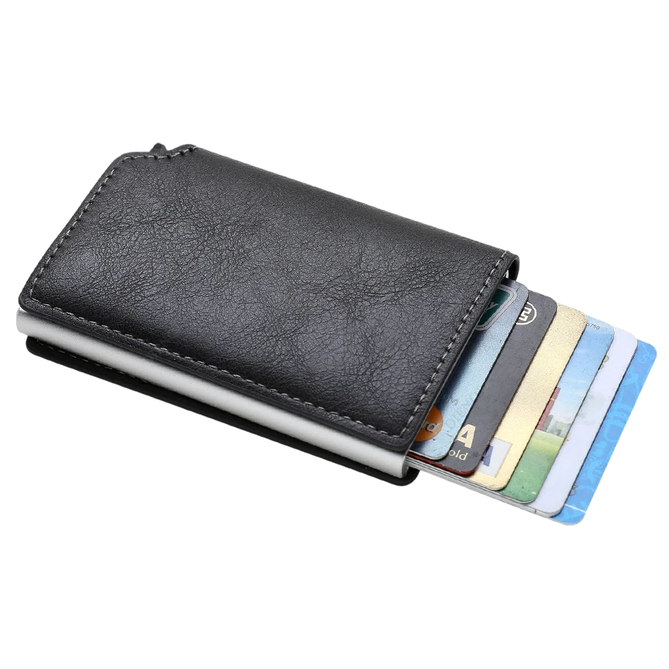 a black leather wallet with credit cards sticking out of it