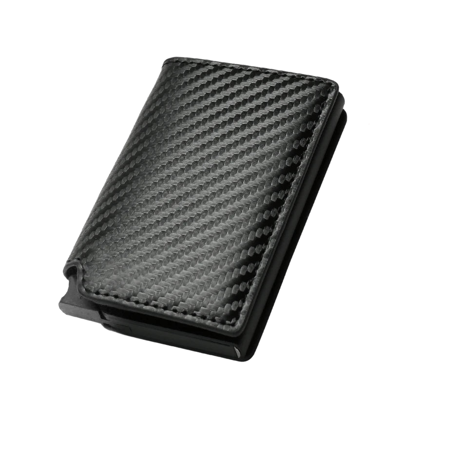 a black and gray carbon fiber wallet