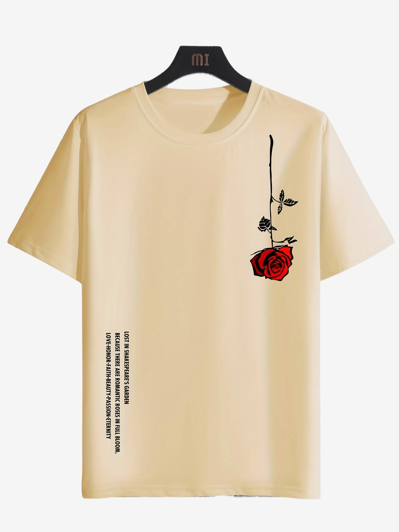 a white t - shirt with a red rose on it
