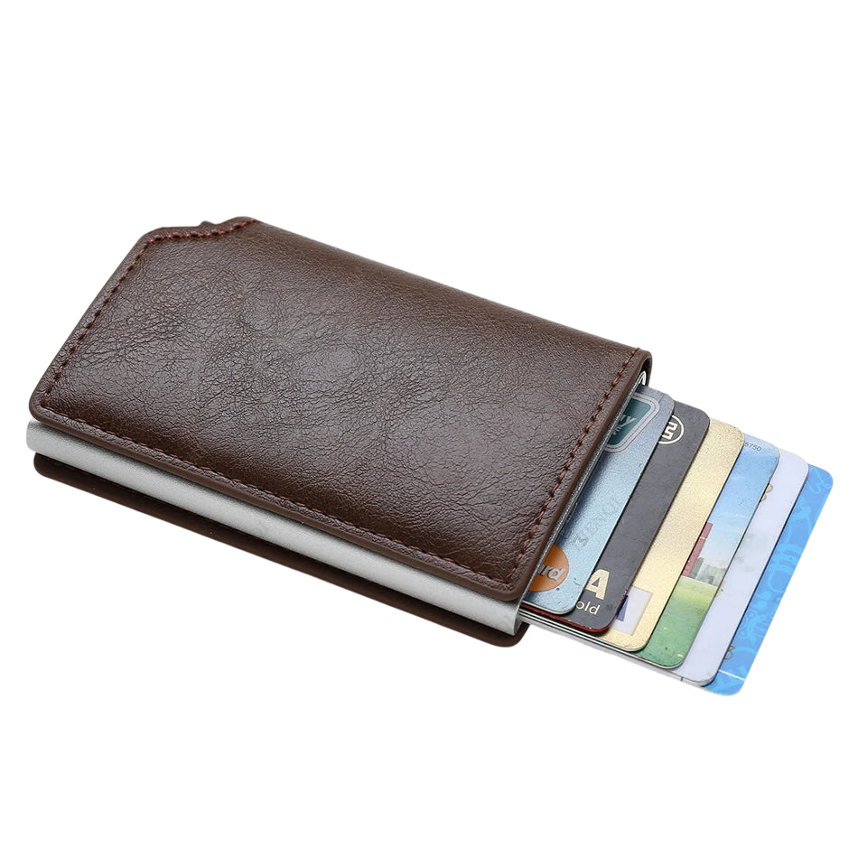 a leather wallet with credit cards in it
