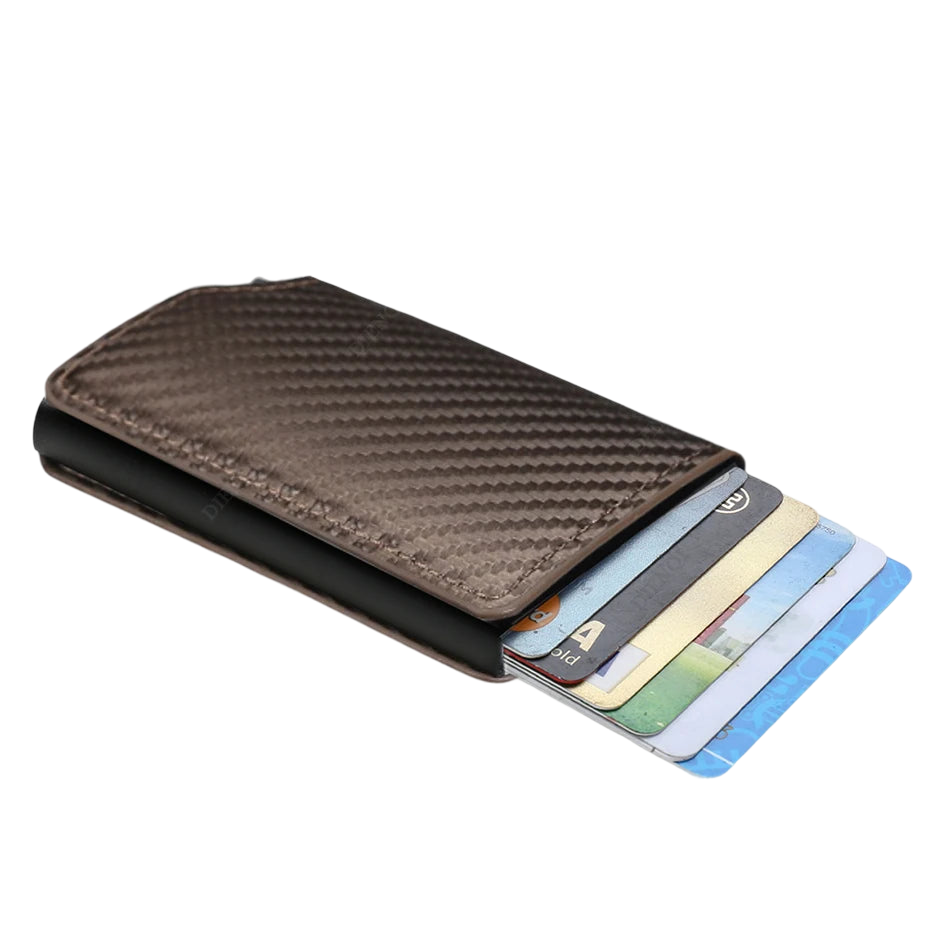 a brown wallet with four credit cards sticking out of it