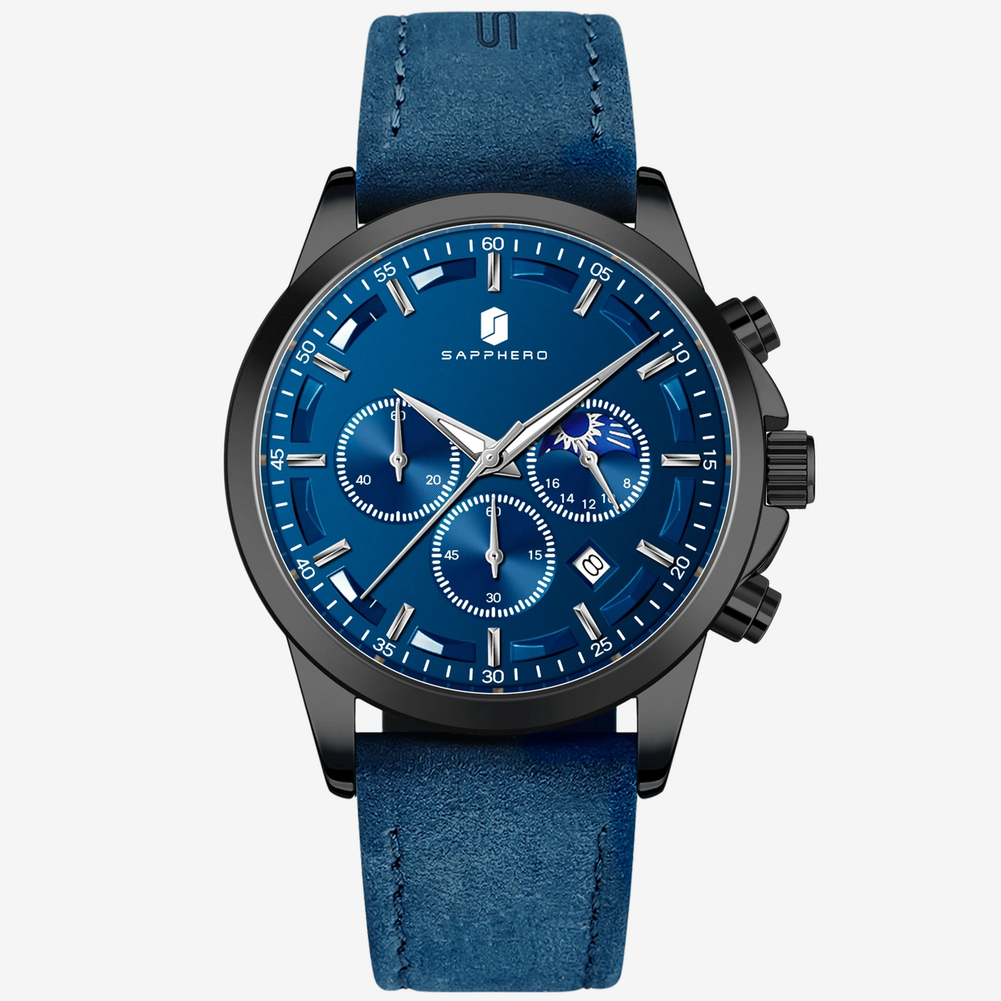 a watch with a blue leather strap