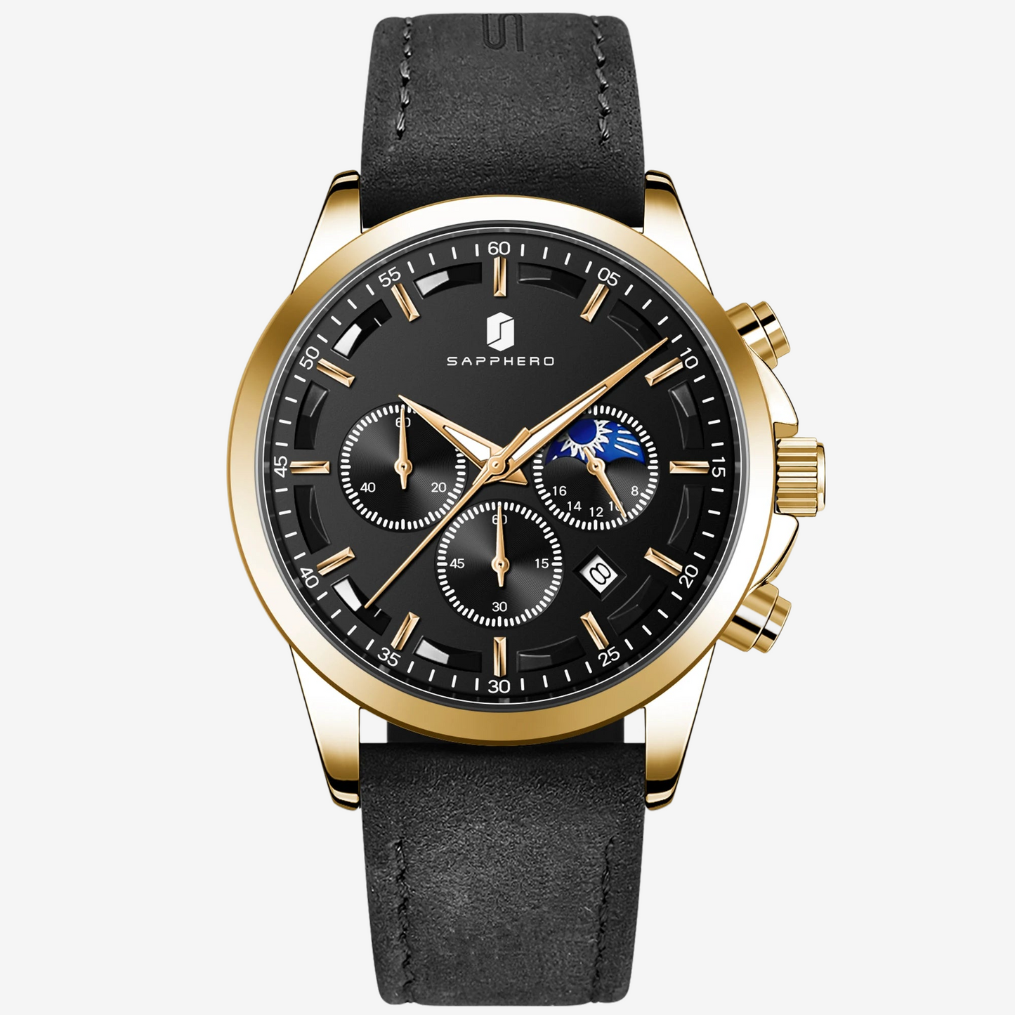 a black and gold watch on a white background