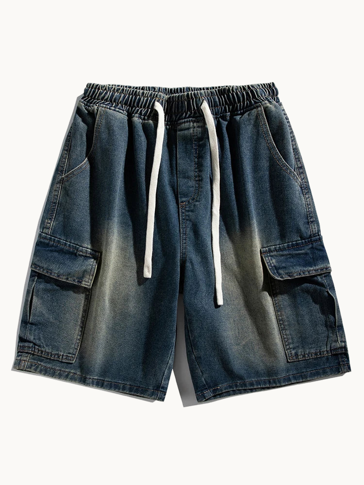 a pair of blue shorts with a white drawstring