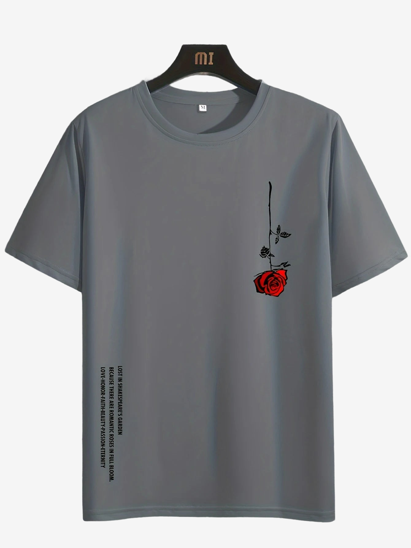a gray t - shirt with a rose on it