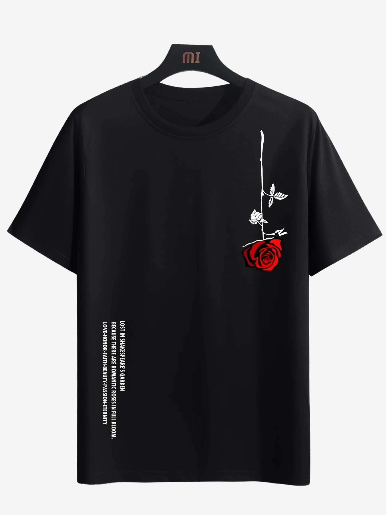 a black t - shirt with a red rose on it