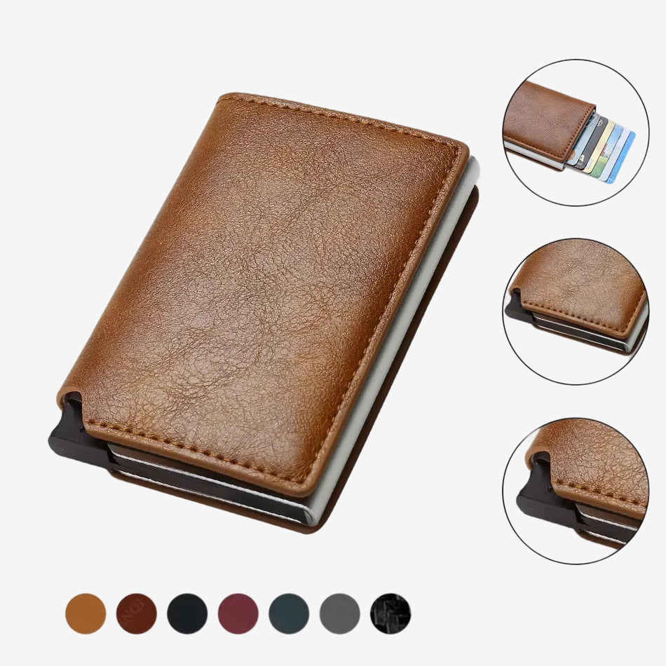 a brown leather wallet with four different colors