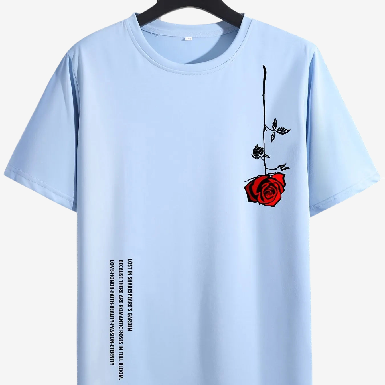 a blue t - shirt with a red rose on it