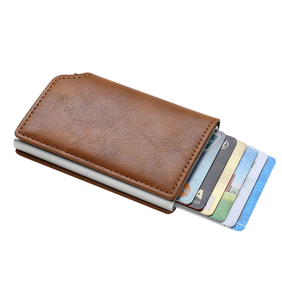 a leather wallet with credit cards in it