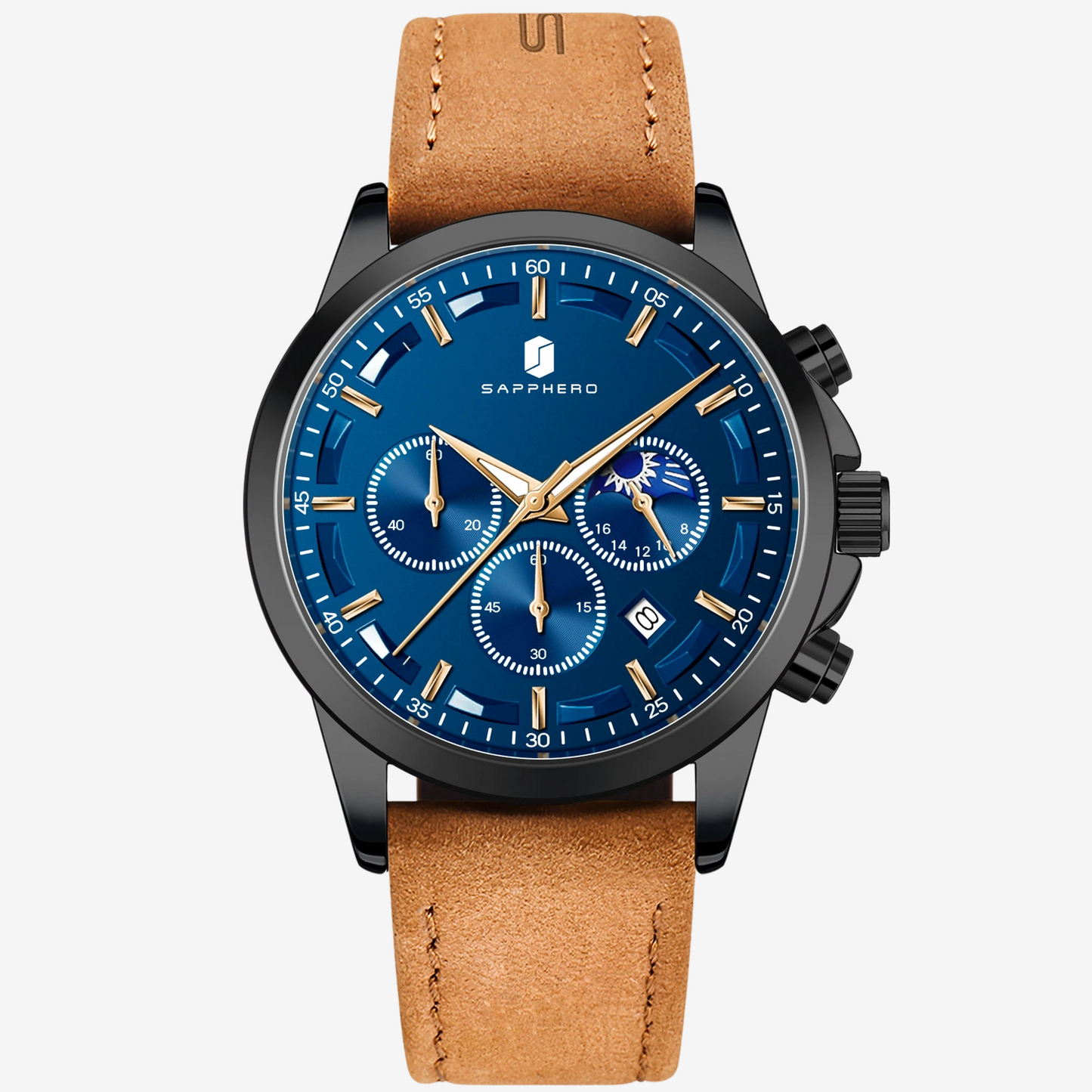 a watch with a blue dial and brown leather strap