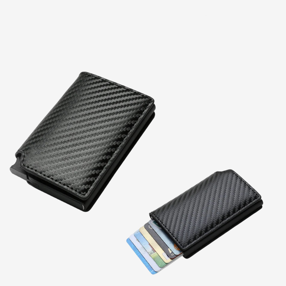 a black leather wallet and a credit card holder
