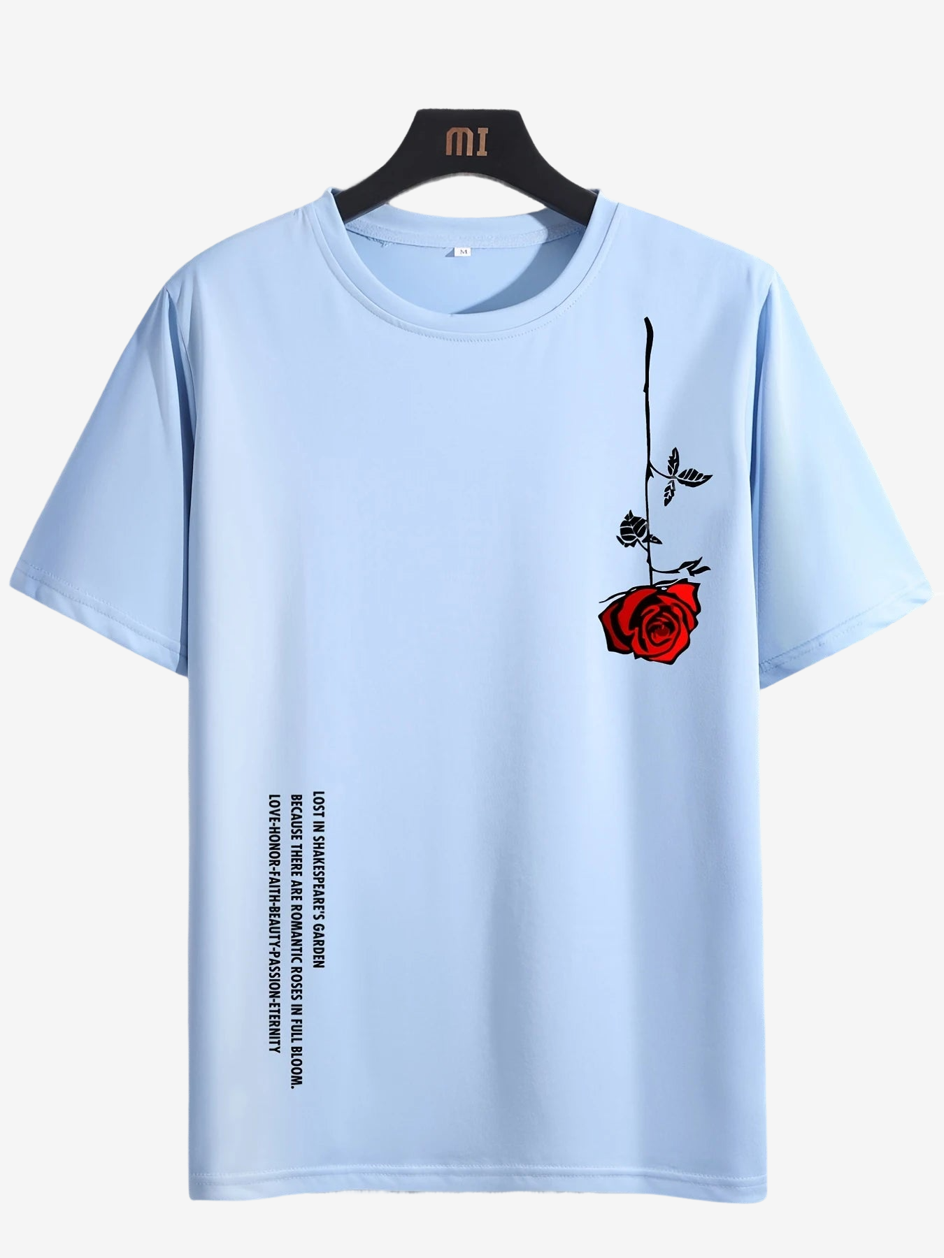 a blue t - shirt with a red rose on it