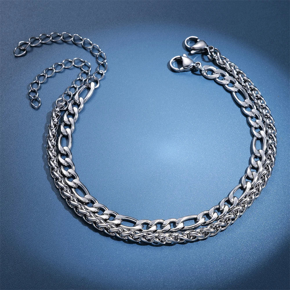 2pcs Simple Minimalist Silver Plated Chain Bracelets Set for Men Fashionable Daily Wear