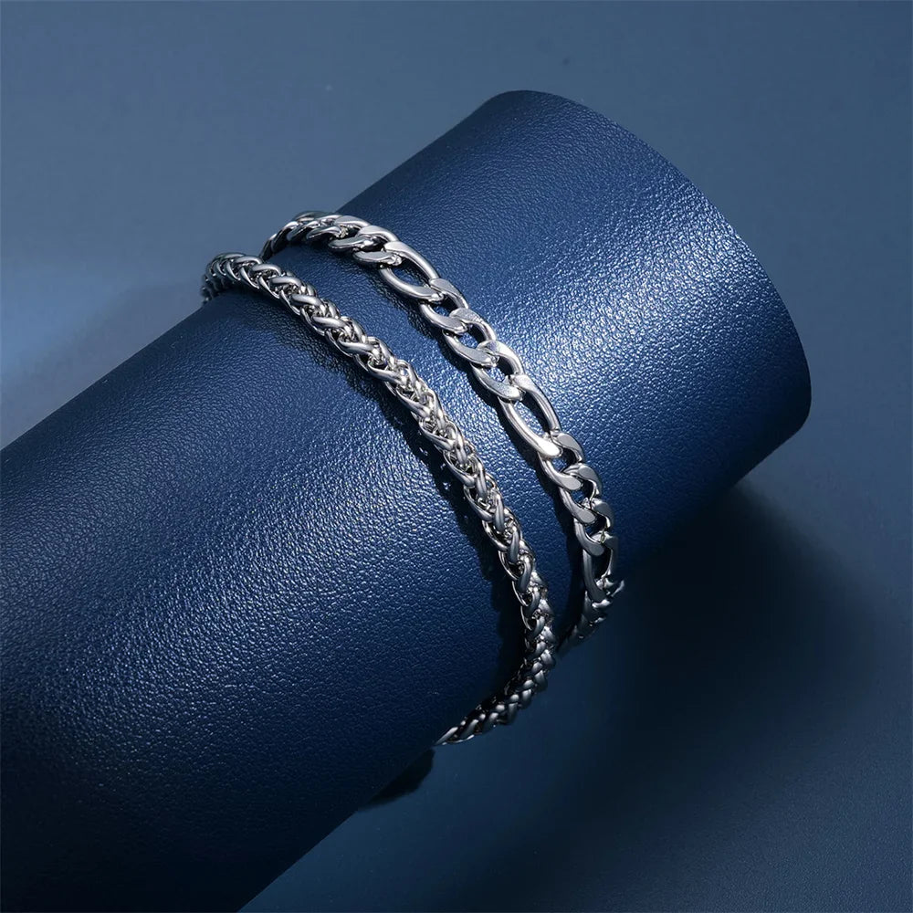 2pcs Simple Minimalist Silver Plated Chain Bracelets Set for Men Fashionable Daily Wear