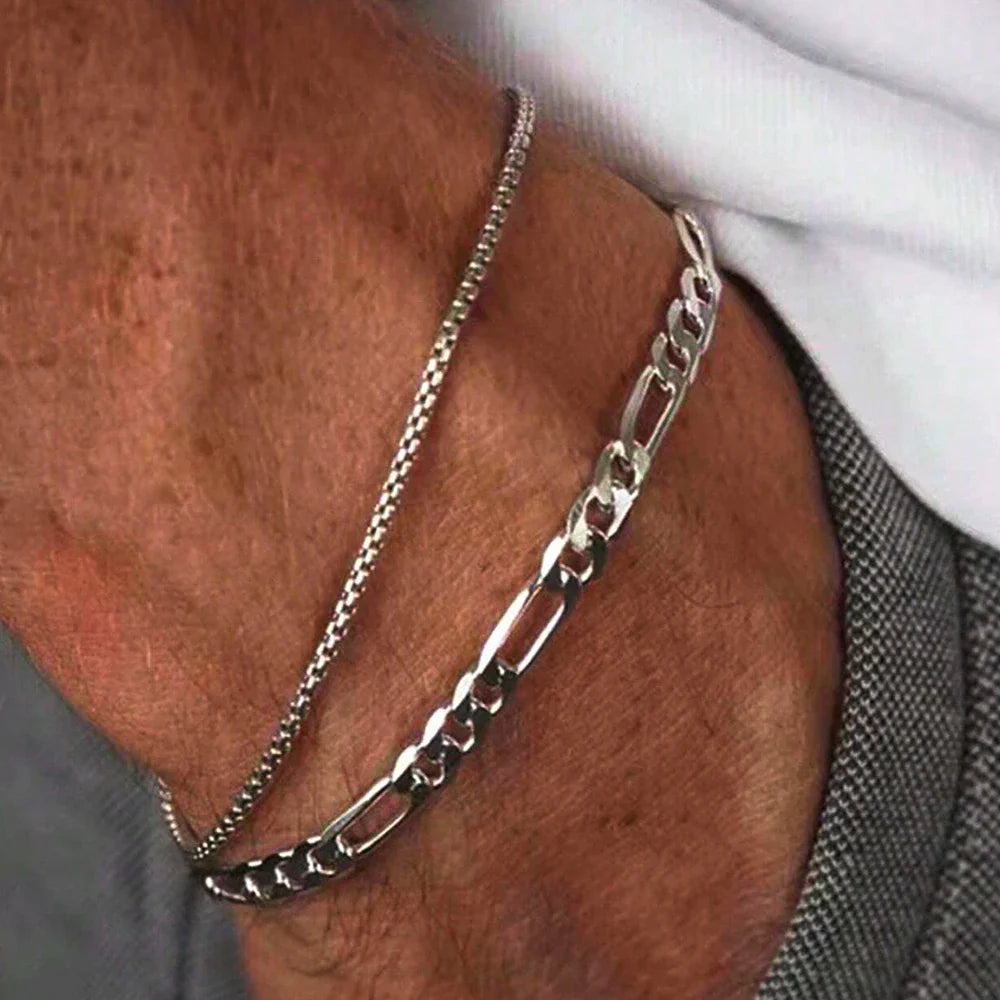 2pcs Simple Minimalist Silver Plated Chain Bracelets Set for Men Fashionable Daily Wear