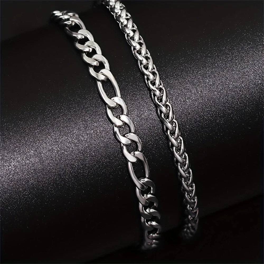 2pcs Simple Minimalist Silver Plated Chain Bracelets Set for Men Fashionable Daily Wear