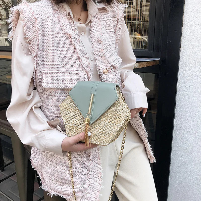 Hexagon Woven Straw and Leather Shoulder Bag – Bohemian Summer Beach Style