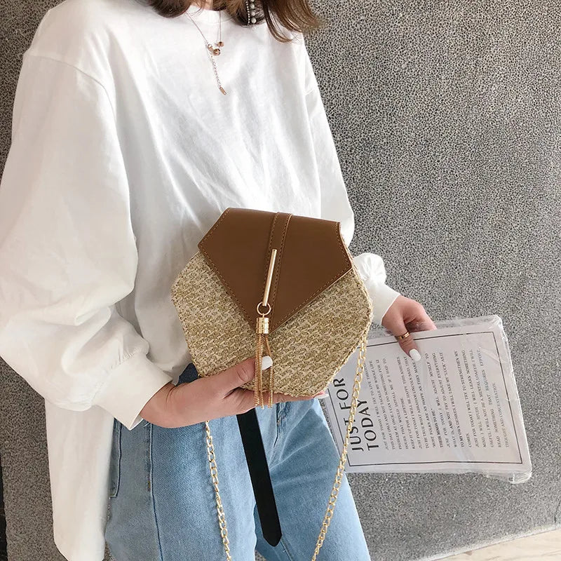 Hexagon Woven Straw and Leather Shoulder Bag – Bohemian Summer Beach Style