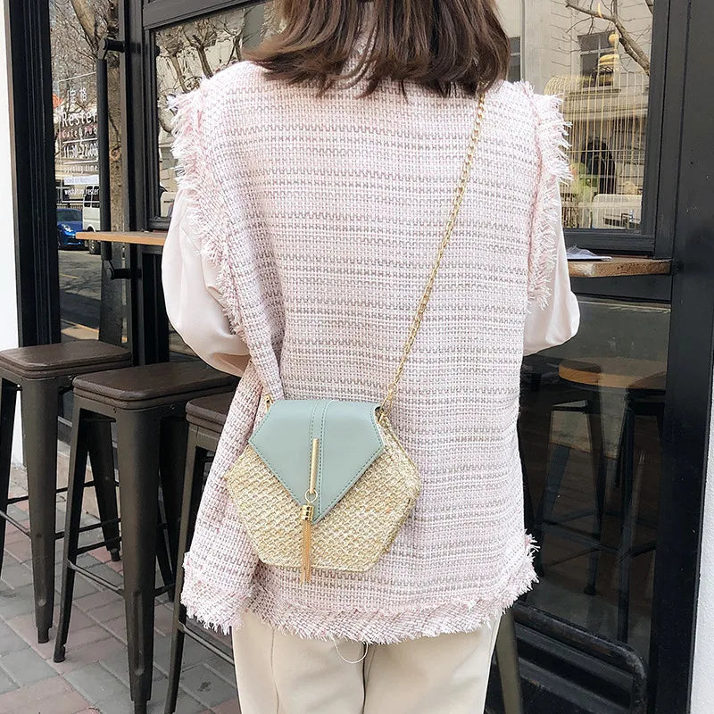 Hexagon Woven Straw and Leather Shoulder Bag – Bohemian Summer Beach Style