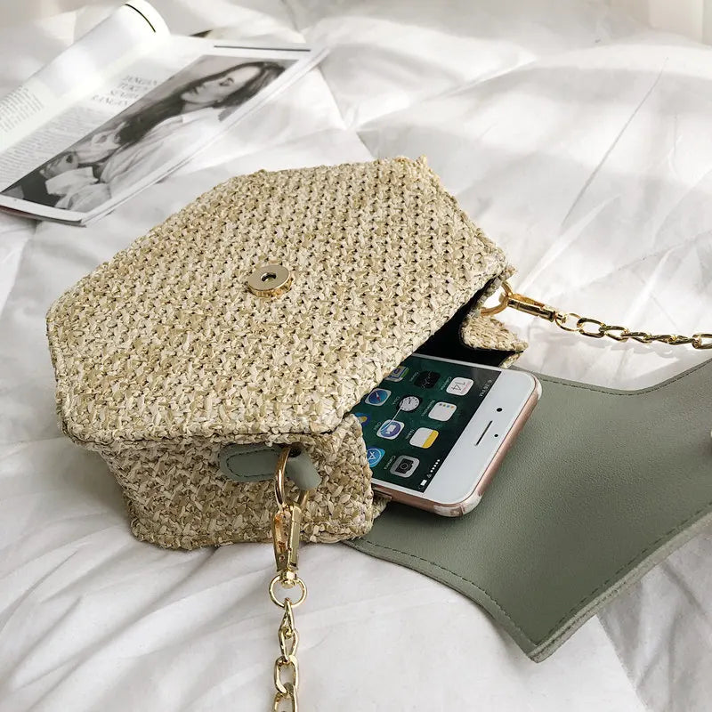 Hexagon Woven Straw and Leather Shoulder Bag – Bohemian Summer Beach Style