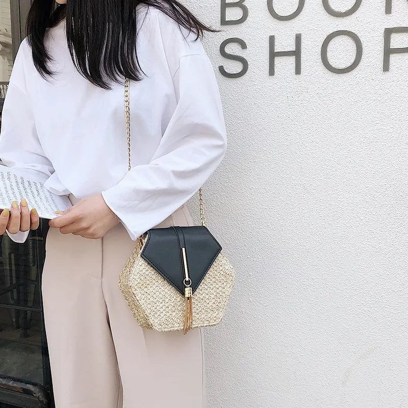 Hexagon Woven Straw and Leather Shoulder Bag – Bohemian Summer Beach Style