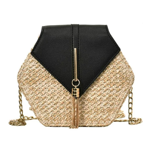 Hexagon Woven Straw and Leather Shoulder Bag – Bohemian Summer Beach Style