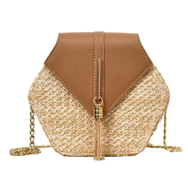 Hexagon Woven Straw and Leather Shoulder Bag – Bohemian Summer Beach Style