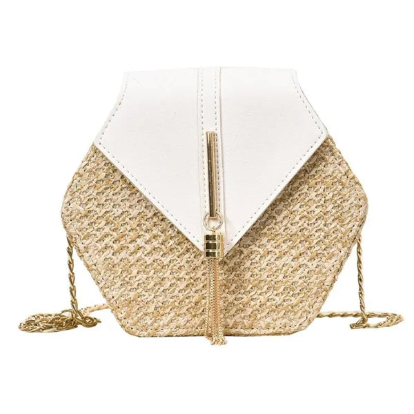 Hexagon Woven Straw and Leather Shoulder Bag – Bohemian Summer Beach Style
