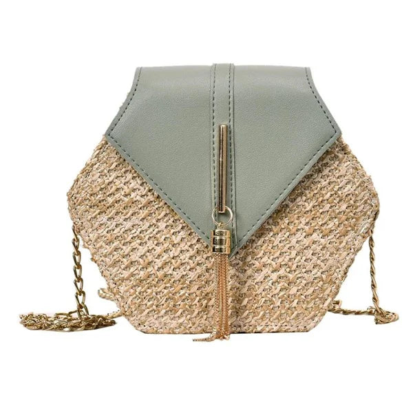 Hexagon Woven Straw and Leather Shoulder Bag – Bohemian Summer Beach Style