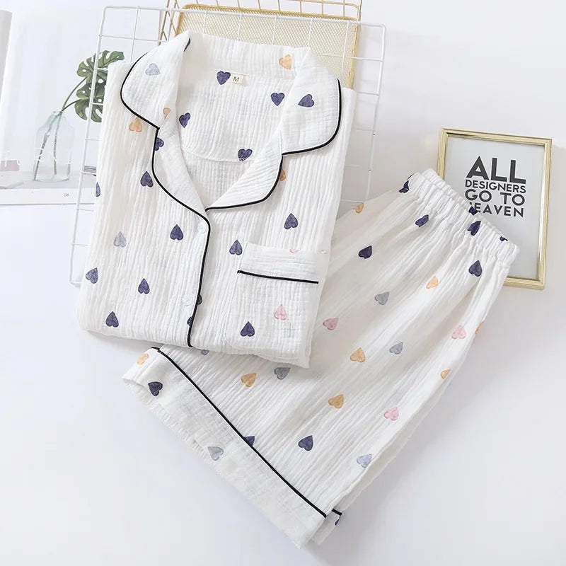 Japanese Summer Cotton Gauze Heart-Shaped Pajamas Suit