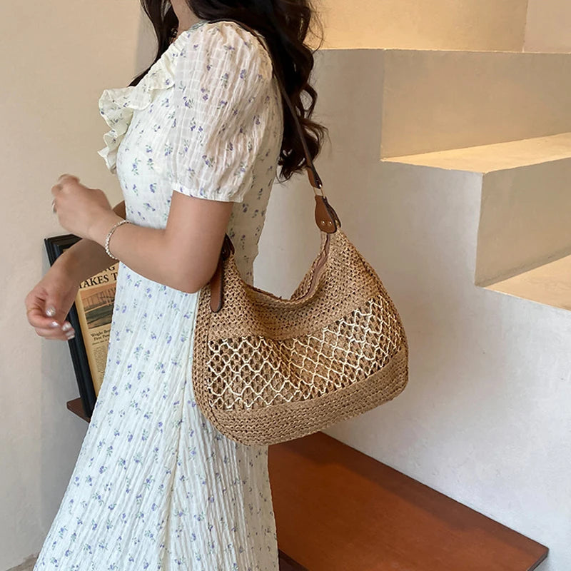 Handmade Summer Straw Shoulder Bag – Large Capacity Crochet Beach Tote for Women