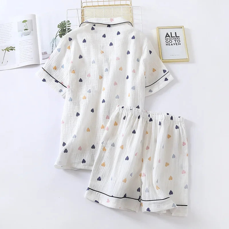 Japanese Summer Cotton Gauze Heart-Shaped Pajamas Suit