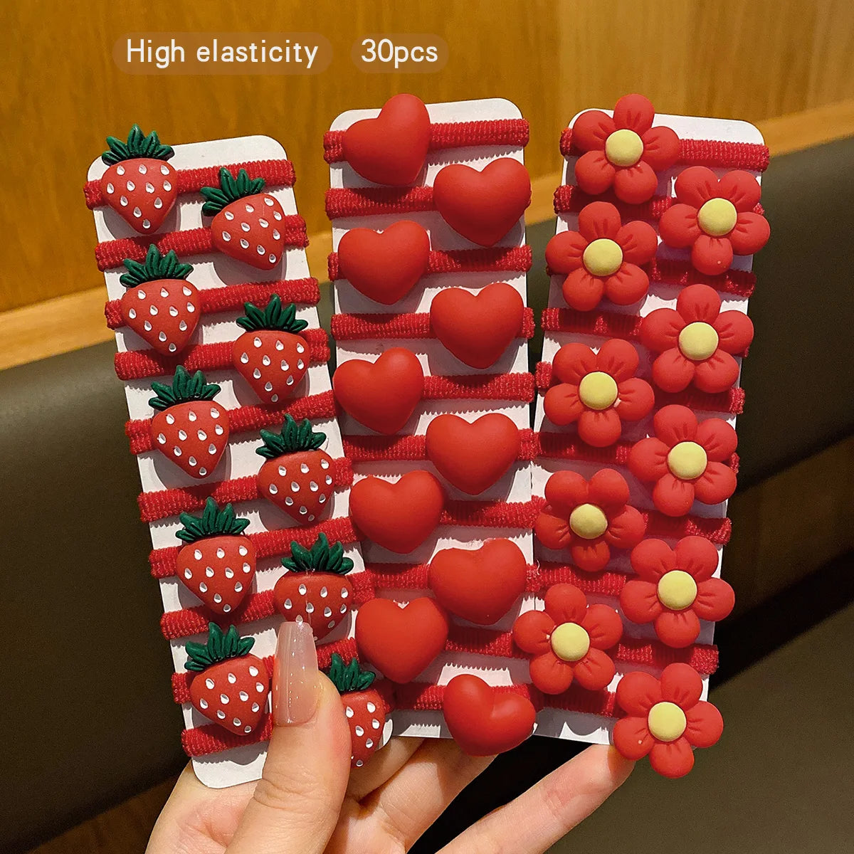 Charming 30 Red Flower Strawberry Elastic Bands For Daily Use