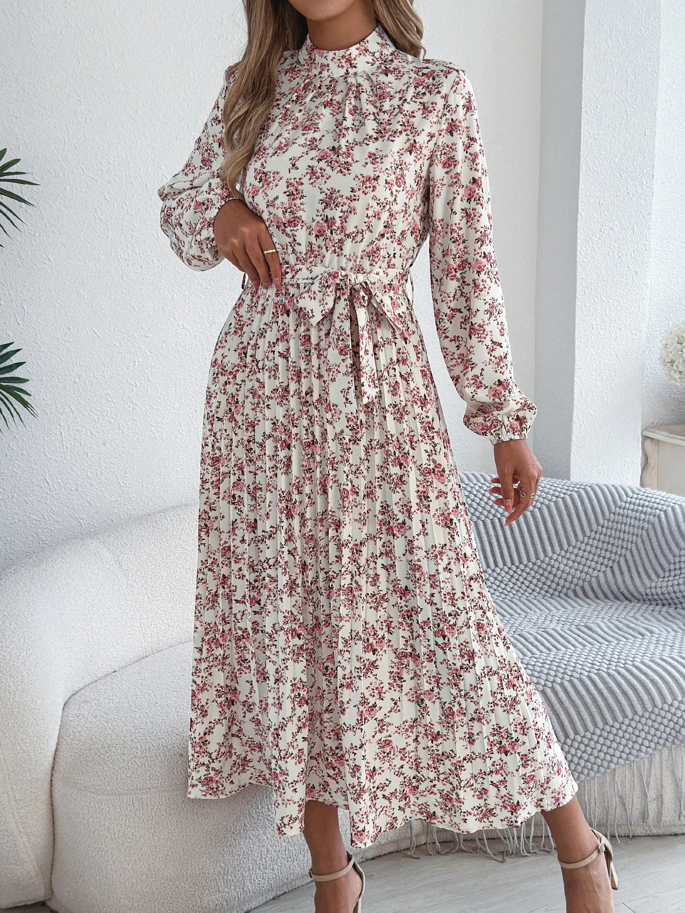 Floral Stand Up Collar Long Sleeve Bridesmaid Dress