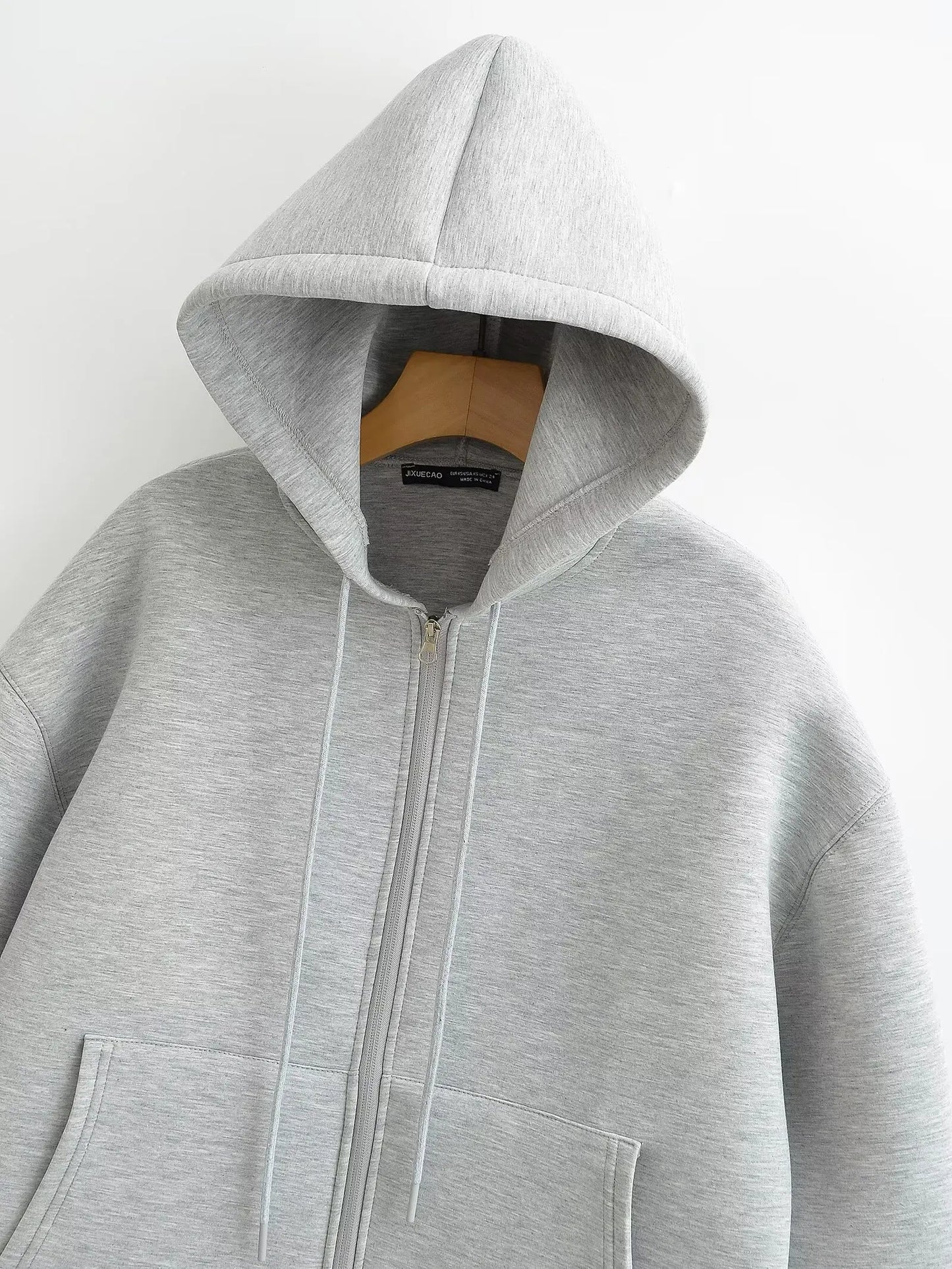TRAFZA Women’s Autumn Gray Hooded Jacket – Zipper Coat with Big Pockets and Long Sleeves (Loose Fit)