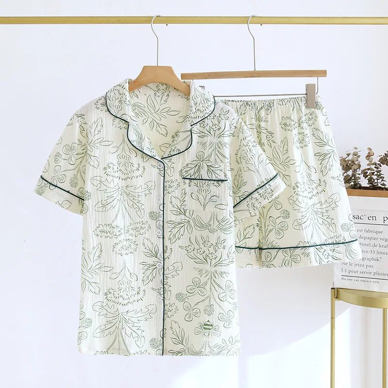 Japanese Summer Cotton Gauze Heart-Shaped Pajamas Suit