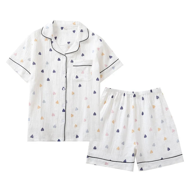 Japanese Summer Cotton Gauze Heart-Shaped Pajamas Suit