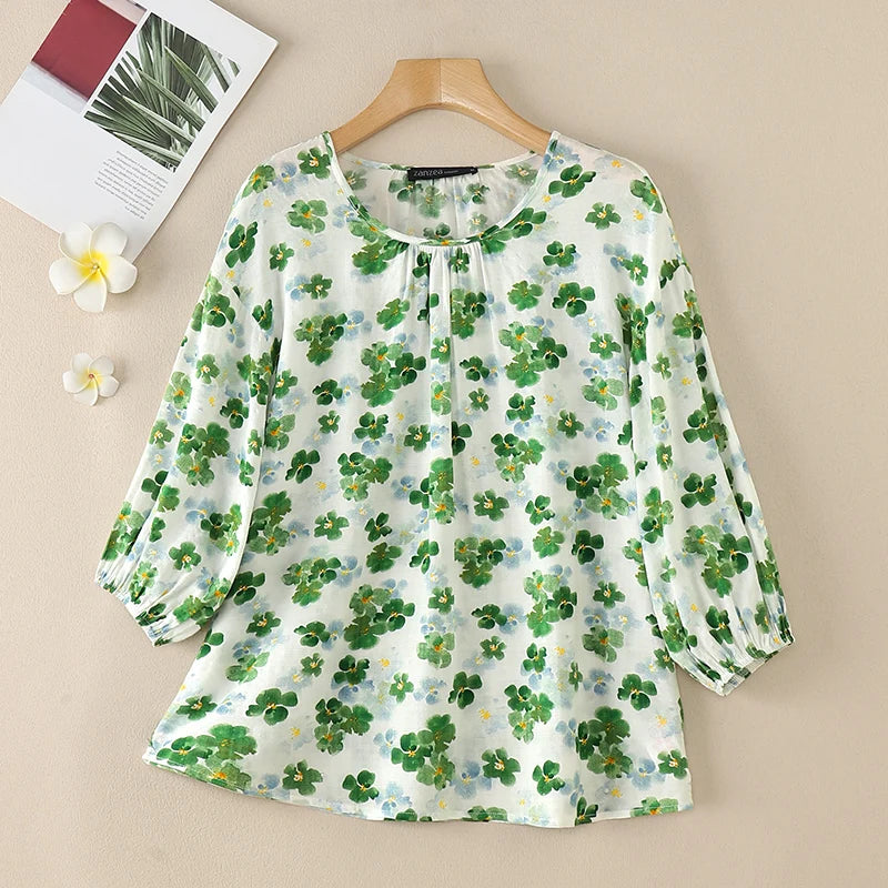 ZANZEA Women Ditsy Floral Blouses 2025 Summer Loose Casual O Neck 3/4 Sleeve Blusas Mujer Bohemian Vintage Elegant Smock Tops