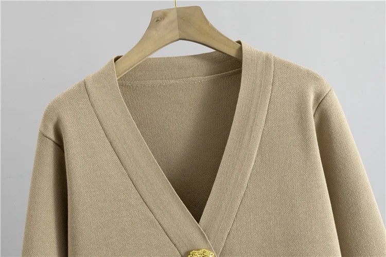 Women's Elegant Knitted 2-Piece Set – Korean Style Cardigan Sweater and High-Waisted Wide-Leg Pants Outfit