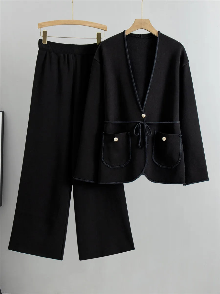 Women's Elegant Knitted 2-Piece Set – V-Neck Belted Cardigan and High-Waisted Sweatpants for Spring & Fall