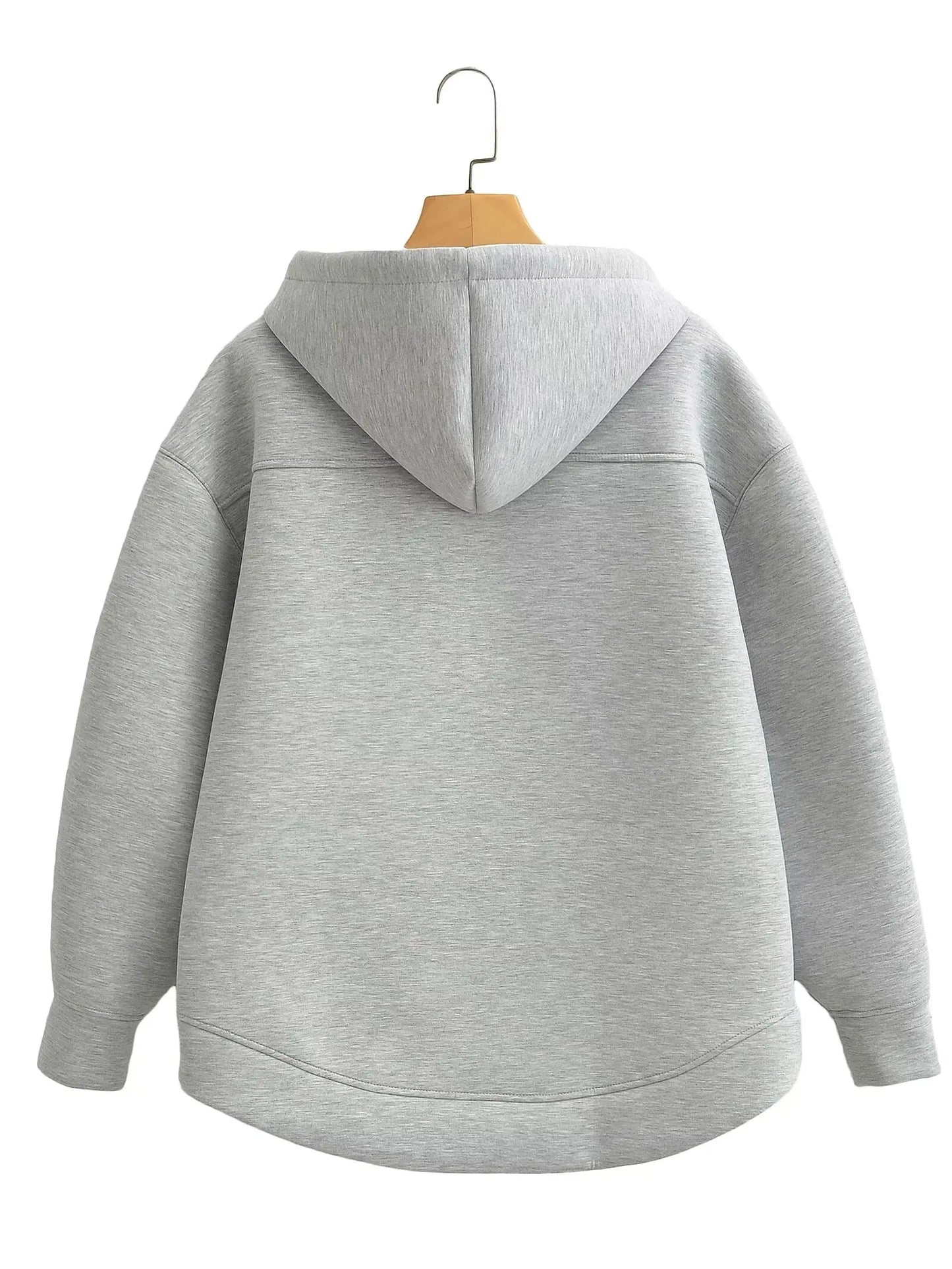 TRAFZA Women’s Autumn Gray Hooded Jacket – Zipper Coat with Big Pockets and Long Sleeves (Loose Fit)