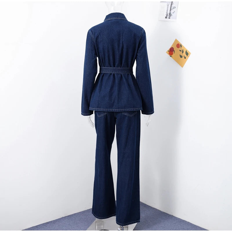 Women's Street Style Denim Jacket and Pants Set – Belted Spliced Lapel Jacket and High-Waisted Straight Pants (Spring 2025)